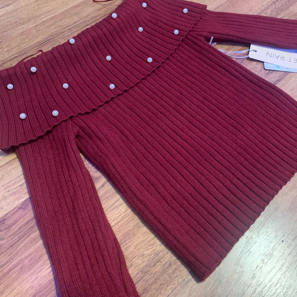 burgundy off the shoulder sweater